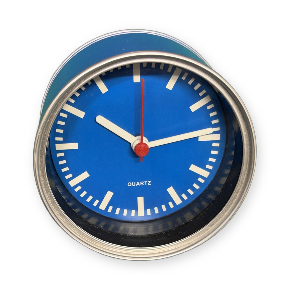 Reloj lata azul abierto, con la esfera azul, índices blancos y segundero rojo