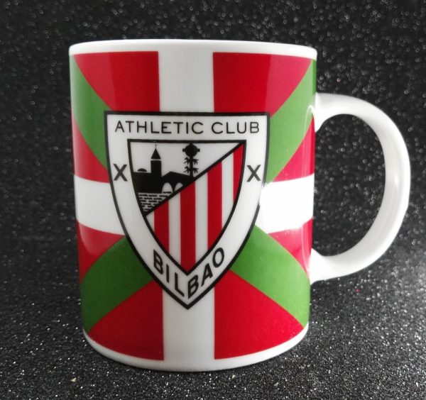 EJEMPLO de personalizaión de taza blanca de cerámica. con ikurriña y escudo del Athletic.